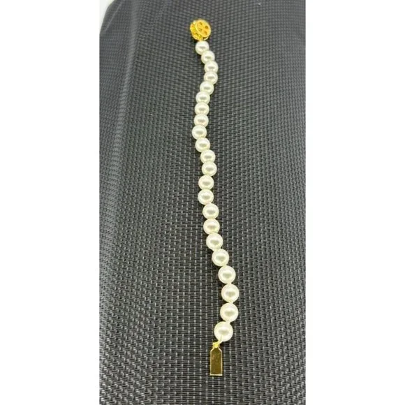 Vintage Faux Pearl Bracelet Flower Shaped Clasp Marked G. Silver 7MM Faux Pearls - Picture 6 of 6